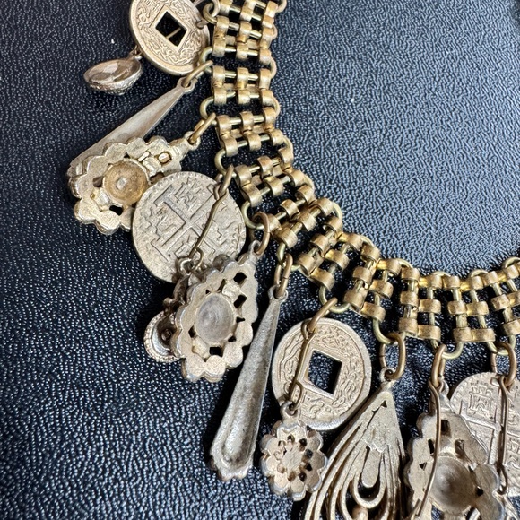 Artisan Repurposed Gold Charm Necklace with Coins and Pendants - Picture 5 of 14
